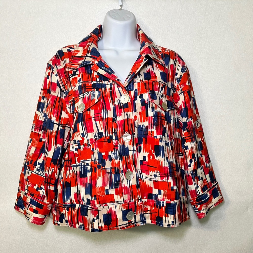 Ruby Rd Women's Red Navy Eclectic Grandma Brushstroke Button Up Jacket Size 12‎